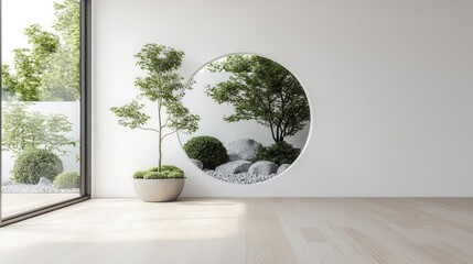 Luxury openplan home with a circular window framing a beautifully arranged Japanese rock garden