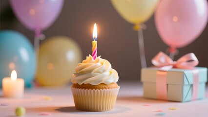 Celebratory cupcake with lit candle surrounded by colorful balloons and gift on festive table