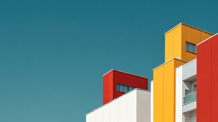 Colorful modern building architecture against clear blue sky daytime background
