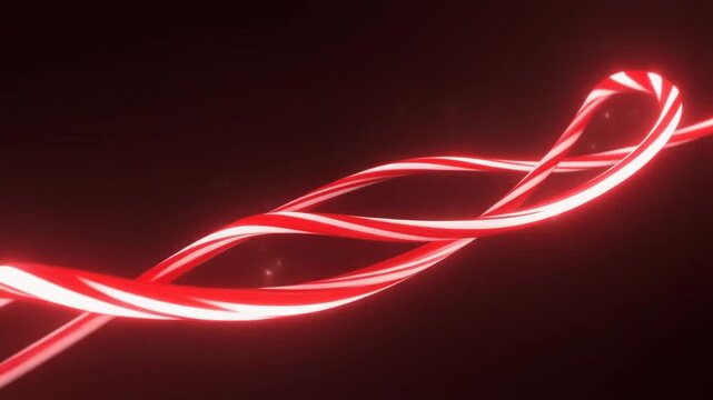 Dynamic swirling ribbons of vibrant red and white light create an elegant abstract pattern against a dark background, evoking a sense of festive energy and fluid motion