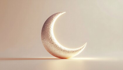 Glowing crescent moon sculpture with textured surface on a beige background during Ramadan, casting a warm light.