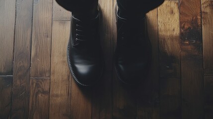 Black leather shoes on dark wood floor overhead view