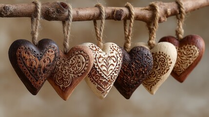 Rustic wooden hearts hanging on ropes from old branch with carved details, warm valentine decor on beige background, handmade ornament concept expressing love, coziness and seasonal warmth