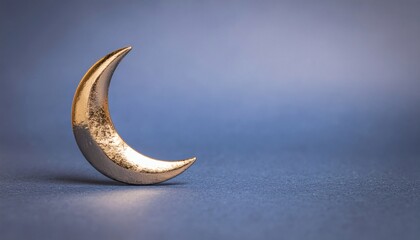 A golden crescent moon sculpture sits on a blue surface with a subtle shadow, conveying a sense of Ramadan celebration with a calm and serene mood.