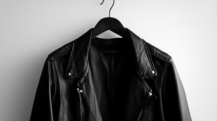 Black leather jacket on hanger fashion apparel photography