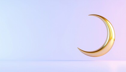 Golden crescent moon sculpture on a pastel purple and blue gradient background, symbolizing Ramadan with a serene and peaceful mood.