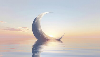 Serene landscape of a crescent moon reflecting in calm water during Ramadan sunset with warm pastel hues and a peaceful atmosphere.
