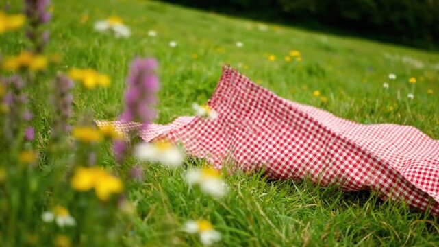 A classic red and white checkered picnic cloth spread over a vibrant green meadow filled with purple and yellow wildflowers.