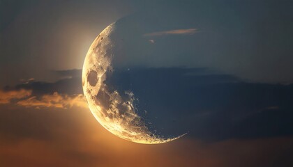 Crescent moon shining brightly in a dark sky with clouds during Ramadan, illuminated by warm sunlight with a serene and peaceful mood.