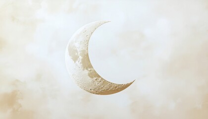 Crescent moon in a soft, cloudy sky with warm, golden hues during Ramadan nights.