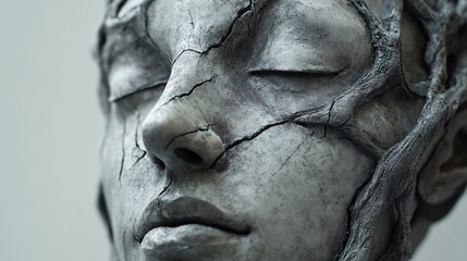 Cracked stone face sculpture with tree roots, artistic expression