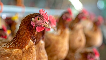 A close-up view of chickens in a coop with one in sharp focus. Others appear blurred, offering a depth-of-field effect