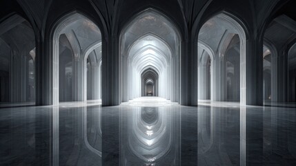 Elegant architectural interior with arches and reflections minimalist design
