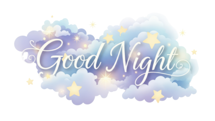 "Good Night" lettering in pastel clouds with shining stars isolated graphic isolated PNG with Transparent Background