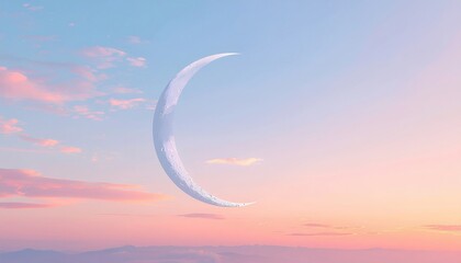 Serene crescent moon in a pastel sky with pink clouds during Ramadan at sunset with a peaceful and calm mood.