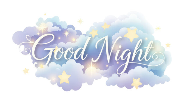 "Good Night" lettering in pastel clouds with shining stars isolated graphic isolated PNG with Transparent Background