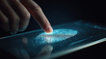 Finger touching digital screen identifying fingerprint for security and access