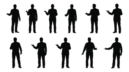 Silhouettes of business people in various poses presenting and gesturing