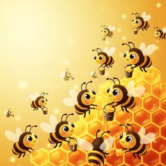 Busy Bees Collecting Honey from Honeycomb Illustration.