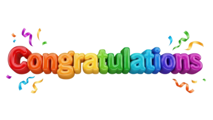 3D Render 'Congratulations' Rainbow Text with Glossy Effect and Colorful Confetti isolated PNG with Transparent Background