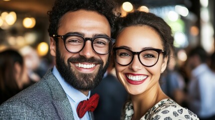 Smiling couple portrait wearing glasses romantic close up