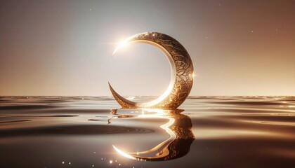 A serene crescent moon sculpture glows with warm light on calm water during Ramadan, reflecting on the surface with a clear sky and sunset in the background.