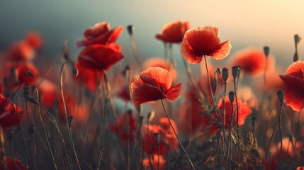 Field of red poppies blossoming in sunlight with a soft focus background