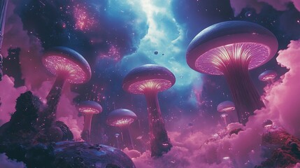 Surreal Mushroom Landscape with Ethereal Glow and Dreamy Atmosphere