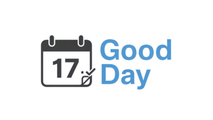 Minimalist Black and Blue Vector Calendar Icon with 'Good Day' Text and Checkmark isolated PNG with Transparent Background