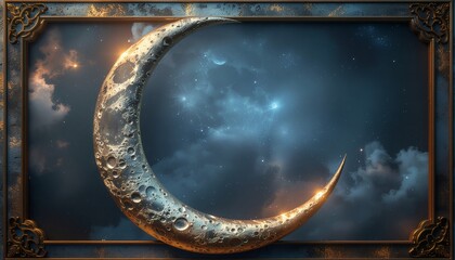 A crescent moon glows with warm light against a dark, cloudy night sky with a decorative frame, conveying a sense of Ramadan celebration.