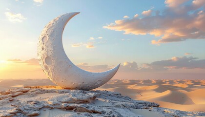 A large white crescent moon sculpture stands on a rocky outcrop against a serene desert landscape with sand dunes, blue sky, and scattered clouds during Ramadan evening.