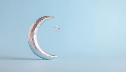 Silver crescent moon sculpture with a small airplane flying beside it on a light blue background with a white surface, conveying a sense of Ramadan celebration.