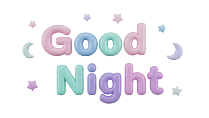 Cute 'Good Night' 3D Text Render with Pastel Stars and Moons isolated PNG with Transparent Background