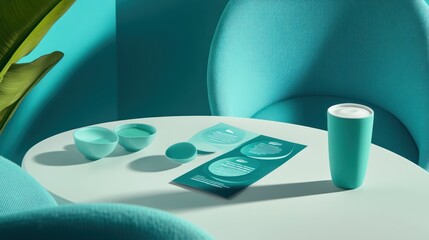 Teal colored bowls tumbler and brochure on table with chairs