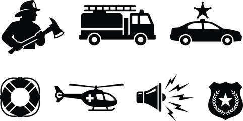Emergency Services Icons Set Featuring Firefighter, Fire Truck, Police Car, Rescue Helicopter, Siren, Lifebuoy and Law Enforcement Symbols Vector Illustration © Asia