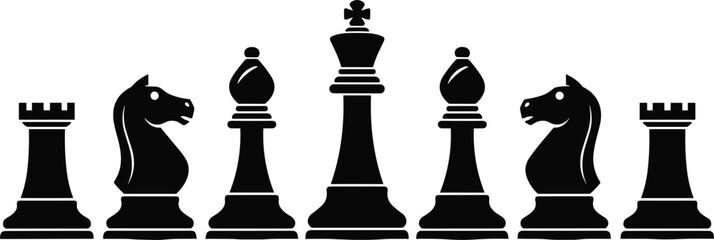 Black Chess Pieces Silhouette Set with King Queen Rook Bishop Knight Icons, Classic Strategy Game Symbols Isolated on White Background © Asia