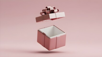 AI-generated floating pink gift box with ribbon bow on soft pastel background, minimalist surprise and celebration concept, unbranded 3D illustration