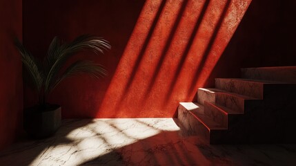 Sunlit marble staircase and plant in red room interior design
