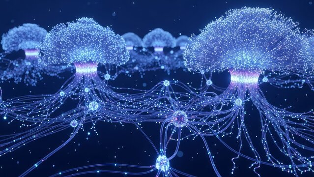 Abstract digital network of glowing blue trees with interconnected nodes and lines representing artificial intelligence and neural connections in a futuristic - Powered by Adobe