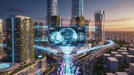 Futuristic cityscape with modern skyscrapers and advanced technology integration at dusk. - Powered by Adobe