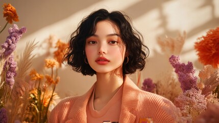 Woman with short wavy hair posing among flowers in soft light