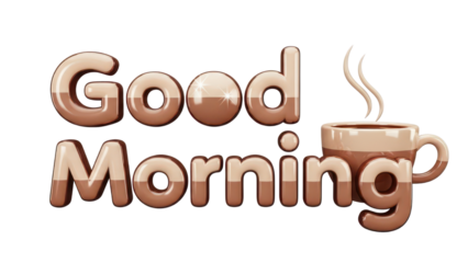 3D Glossy 'Good Morning' Text with Steaming Coffee Cup Illustration isolated PNG with Transparent Background