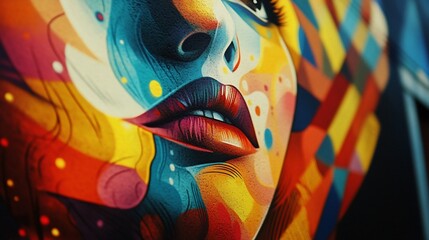 Abstract Pop Art Portrait of a Woman with Vibrant Colors and Geometric Shapes