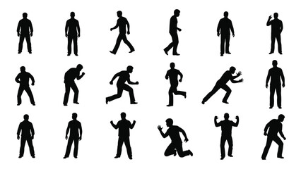 Silhouettes of people in various dynamic poses and movements displayed together