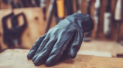 Black leather work glove on wooden surface detailed closeup