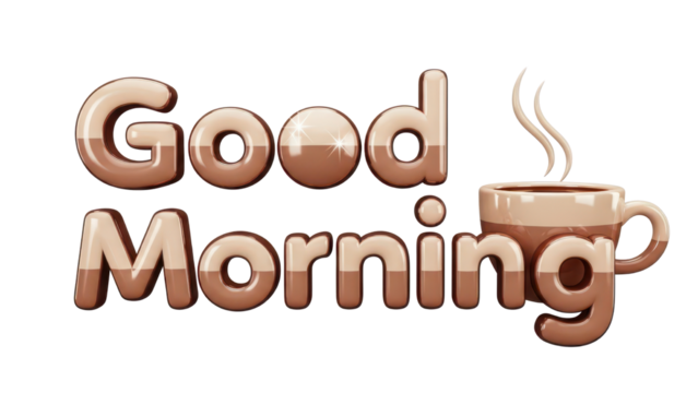 3D Glossy 'Good Morning' Text with Steaming Coffee Cup Illustration isolated PNG with Transparent Background - Powered by Adobe