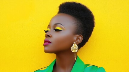 Closeup profile of woman with short hair yellow makeup and gold earrings