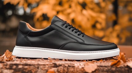 Black leather sneaker with white sole autumn leaves background