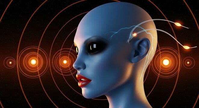 Highly developed humanoid being with advanced neural connections against a background of cosmic energy patterns