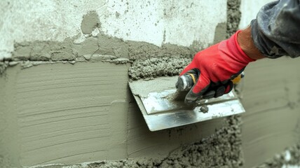 A gloved hand applies plaster to a textured wall with a trowel during a construction project